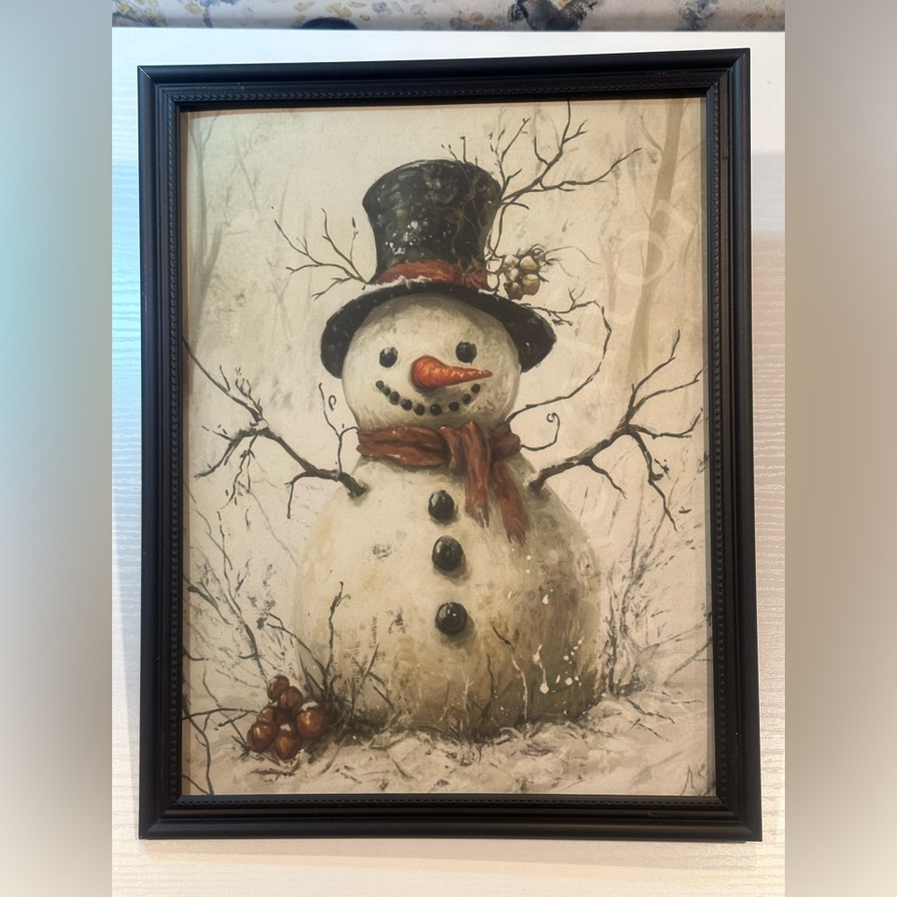 Vintage Rustic Snowman Framed 8x10” print